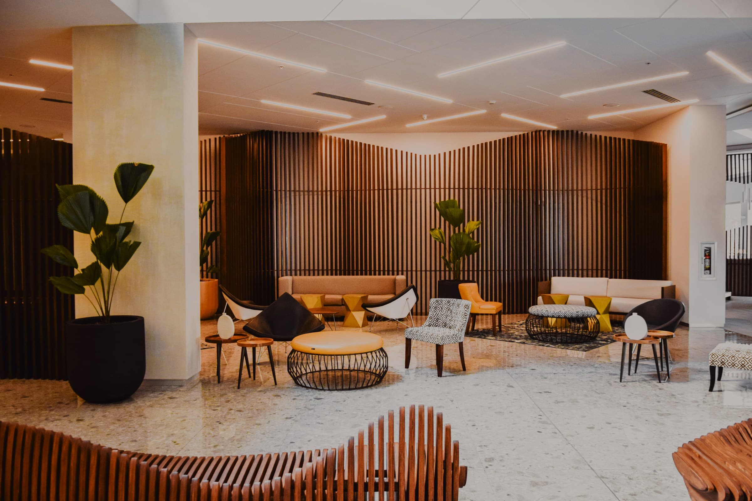 Warm morning light in a boutique hotel lobby