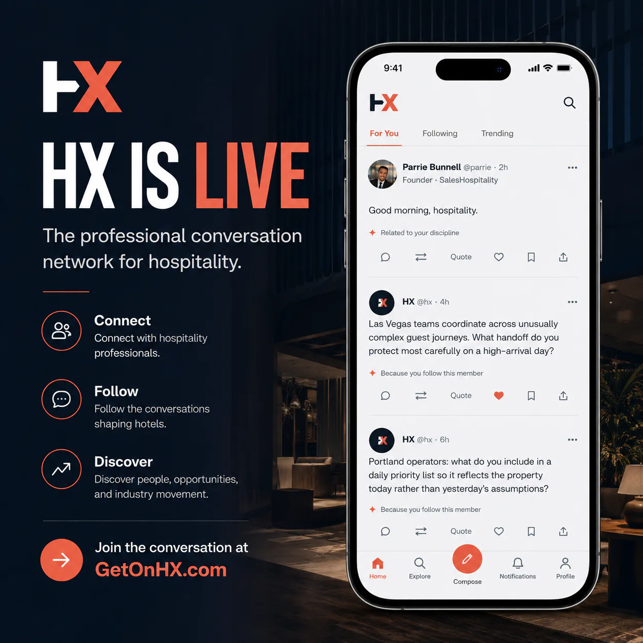 HX — Hospitality Exchange is live, the professional conversation network for hospitality
