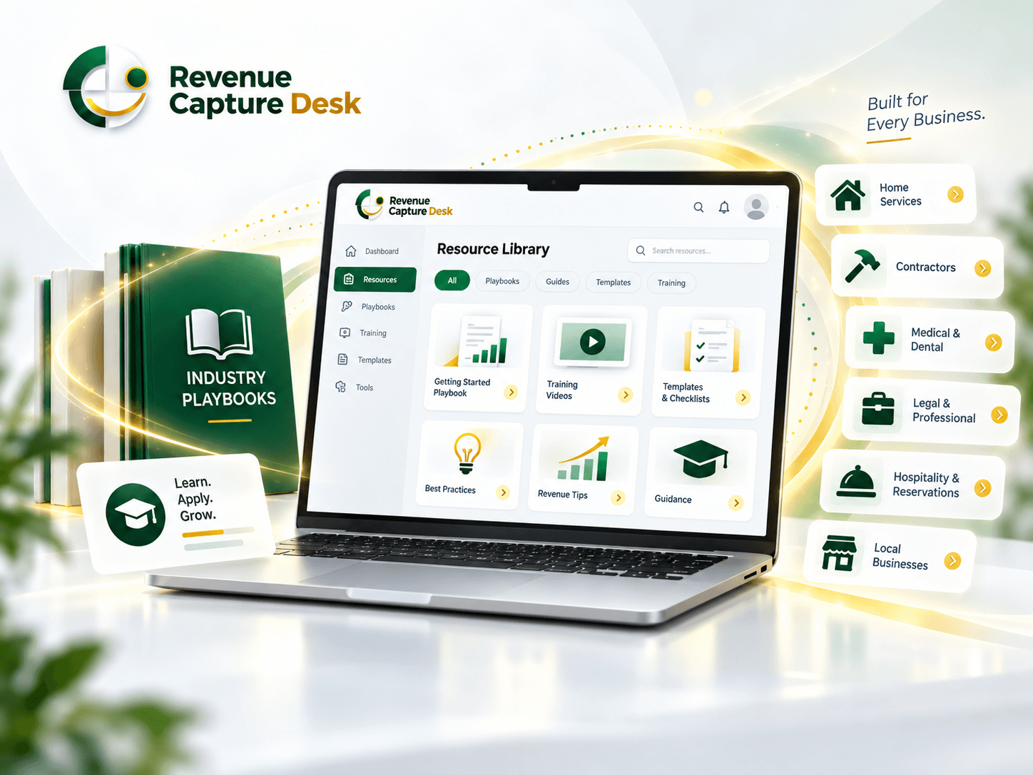Revenue Capture Desk promotional illustration of industry playbooks and a resource library