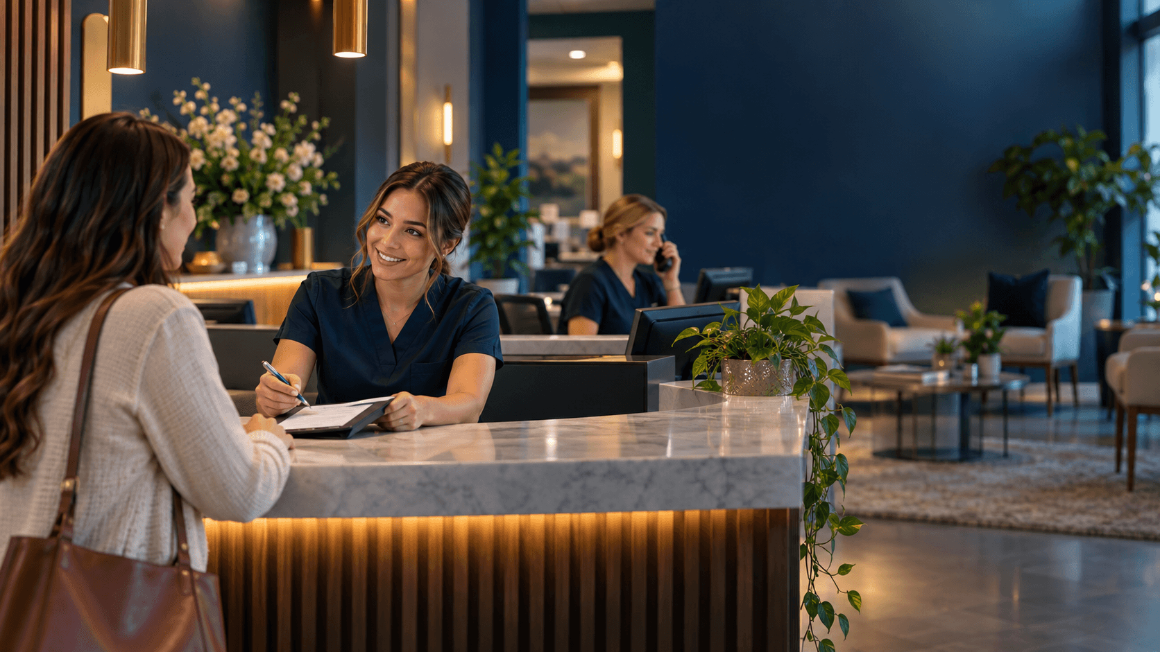 Dental receptionist helping a patient while another call is handled