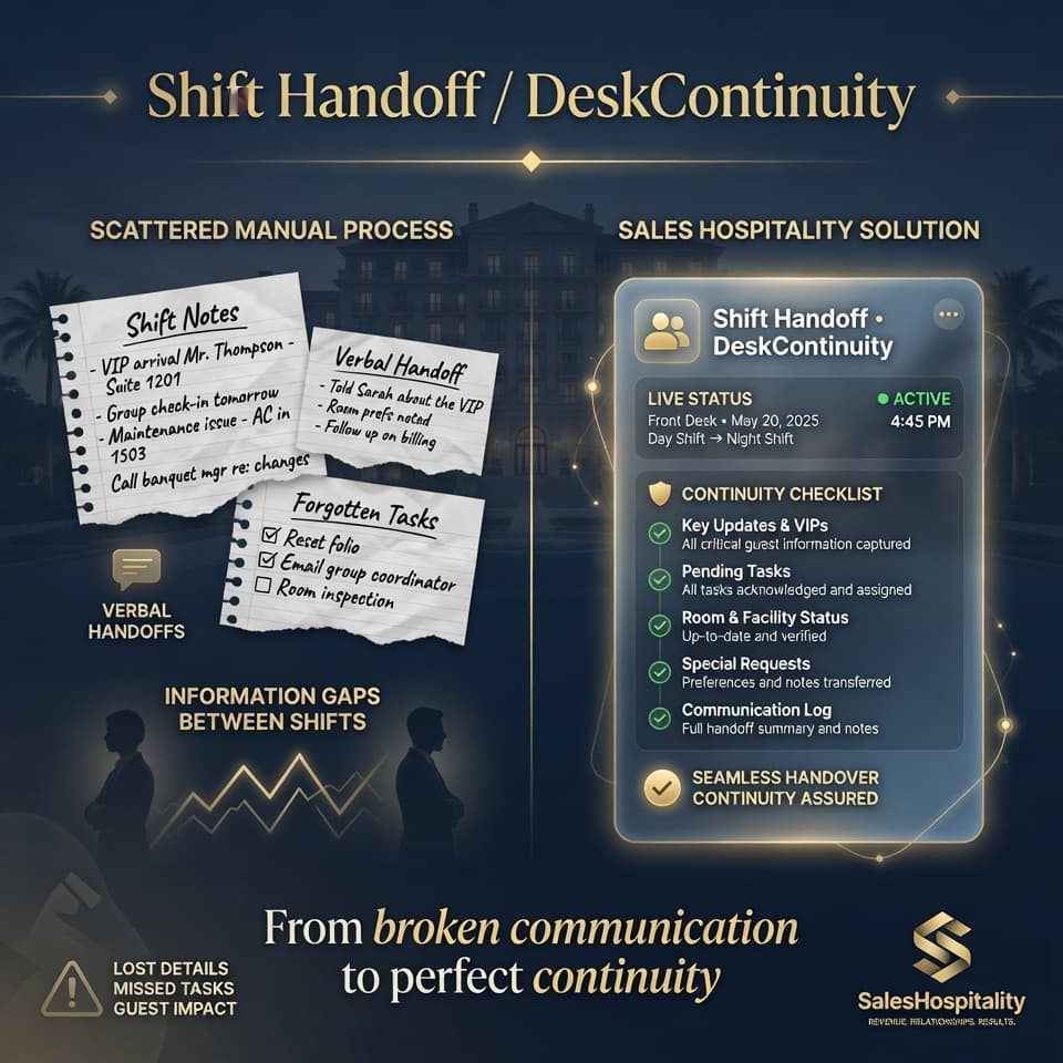 SalesHospitality shift handoff and DeskContinuity workflow visual